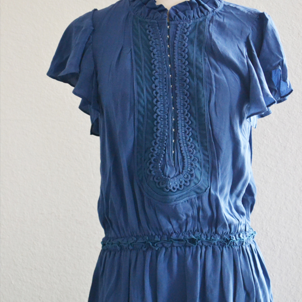 Dark Blue Ruffle Flutter Sleeve Dress - Picture 4 of 4